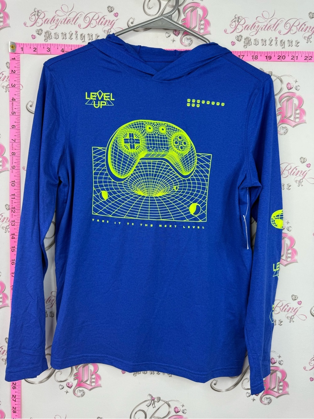 Old Navy Boys Long Sleeve Hoodie Tee in Royal Blue with Neon Yellow Graphic NEW